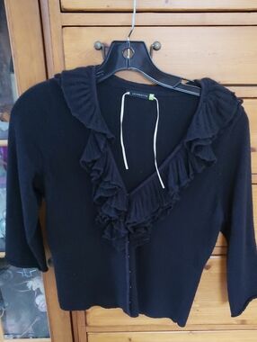 leifsdottir Black Ruffle-Trim V-Neck Cashmere  Cardigan
